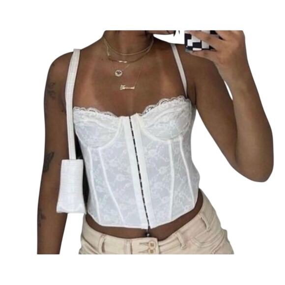 Micas Tops - Micas White Lace Corset Top Small Strapless Bustier Hook Front NWT y2k inspired